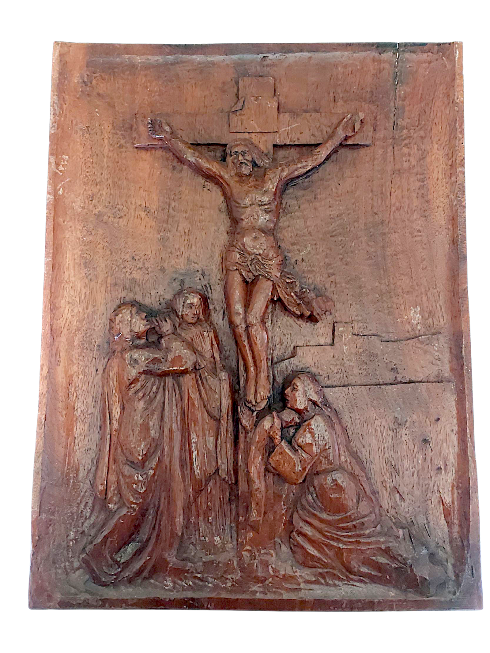 Bas-relief chrétien en bois sculpté Crucifixion Jésus Marie Jean