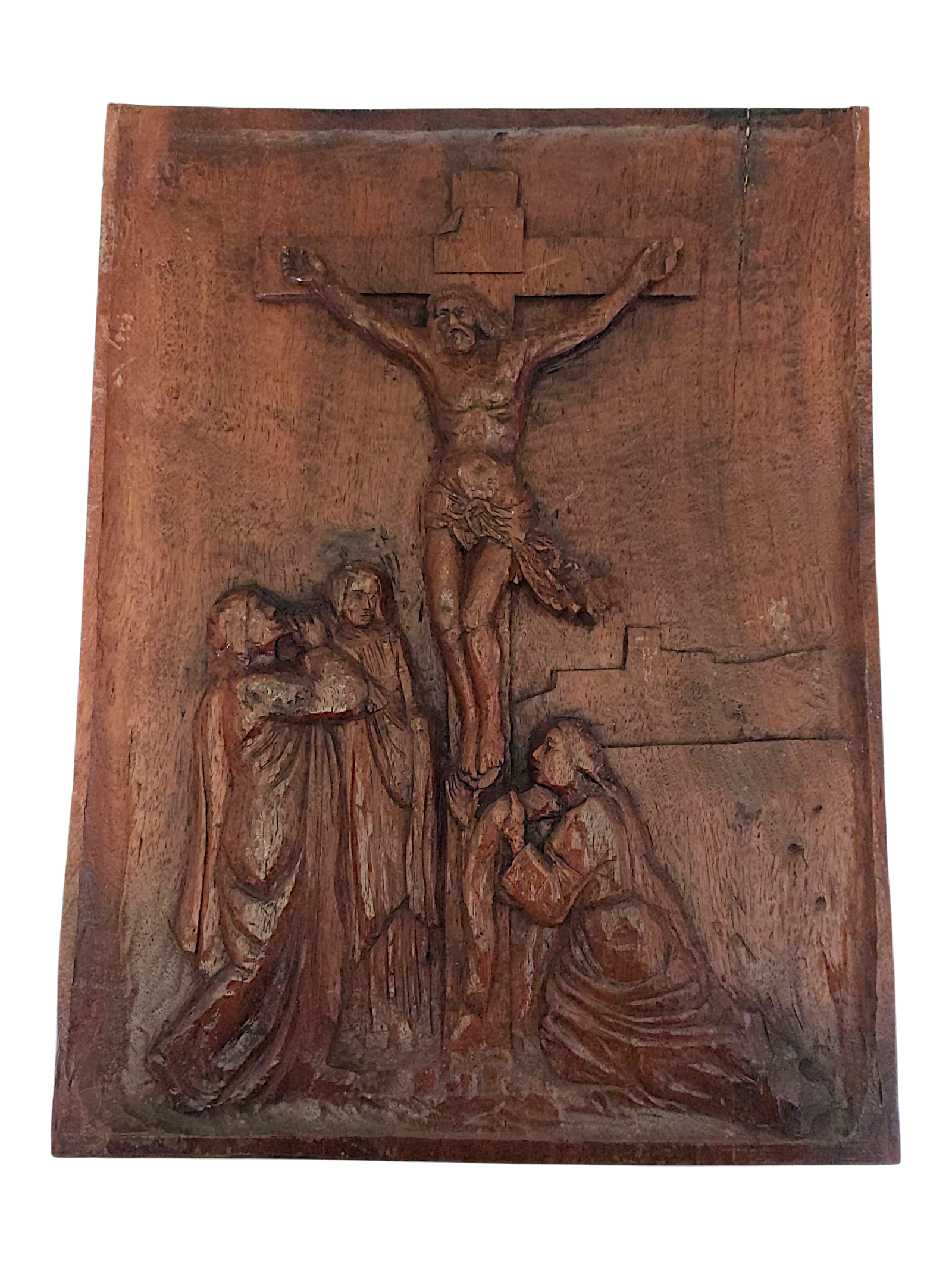 Bas-relief bois sculpté religieux Crucifixion du Christ