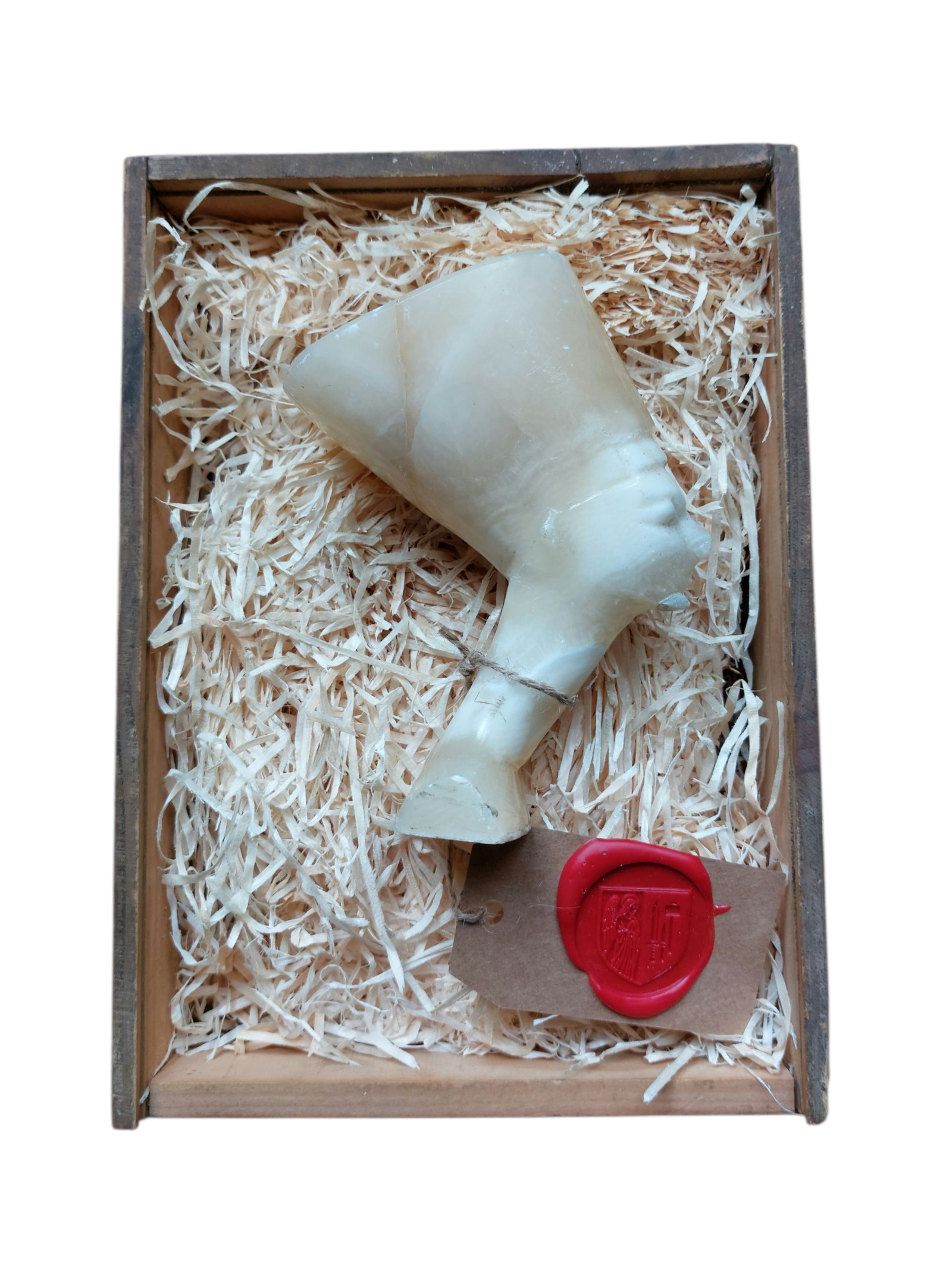 Buste albâtre Néfertiti reproduction Égypte antique, vue inclinée