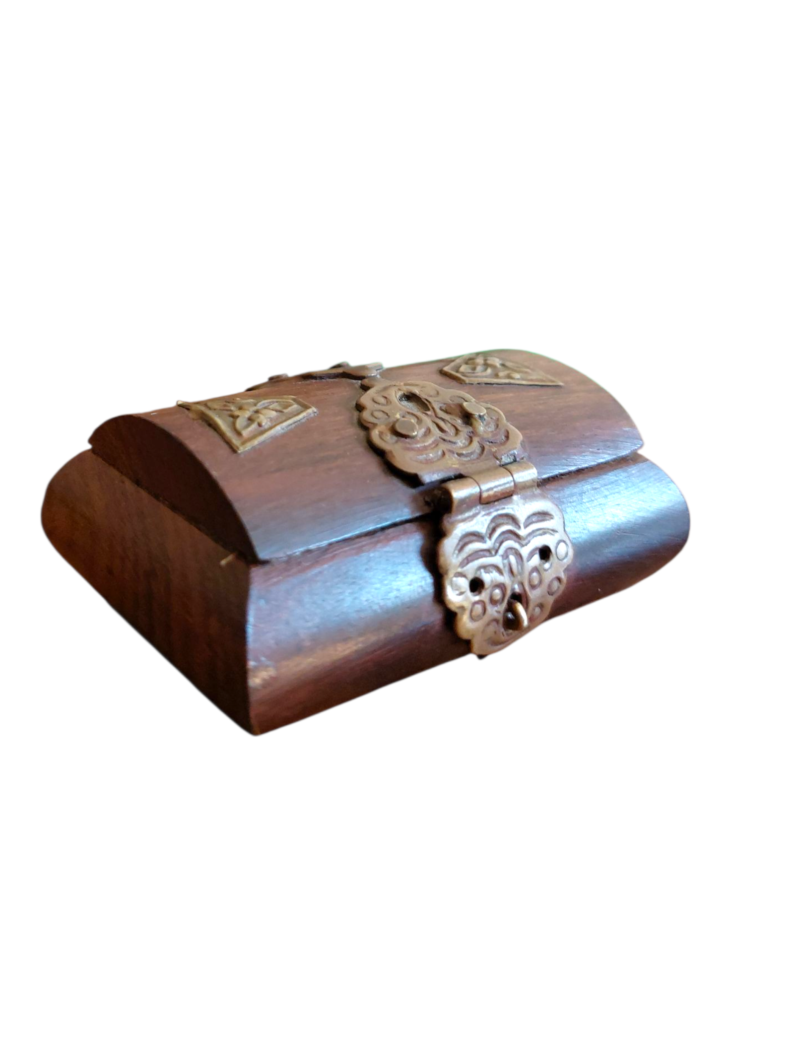 Coffret en bois avec motifs en laiton contenant une dent fossile de requin