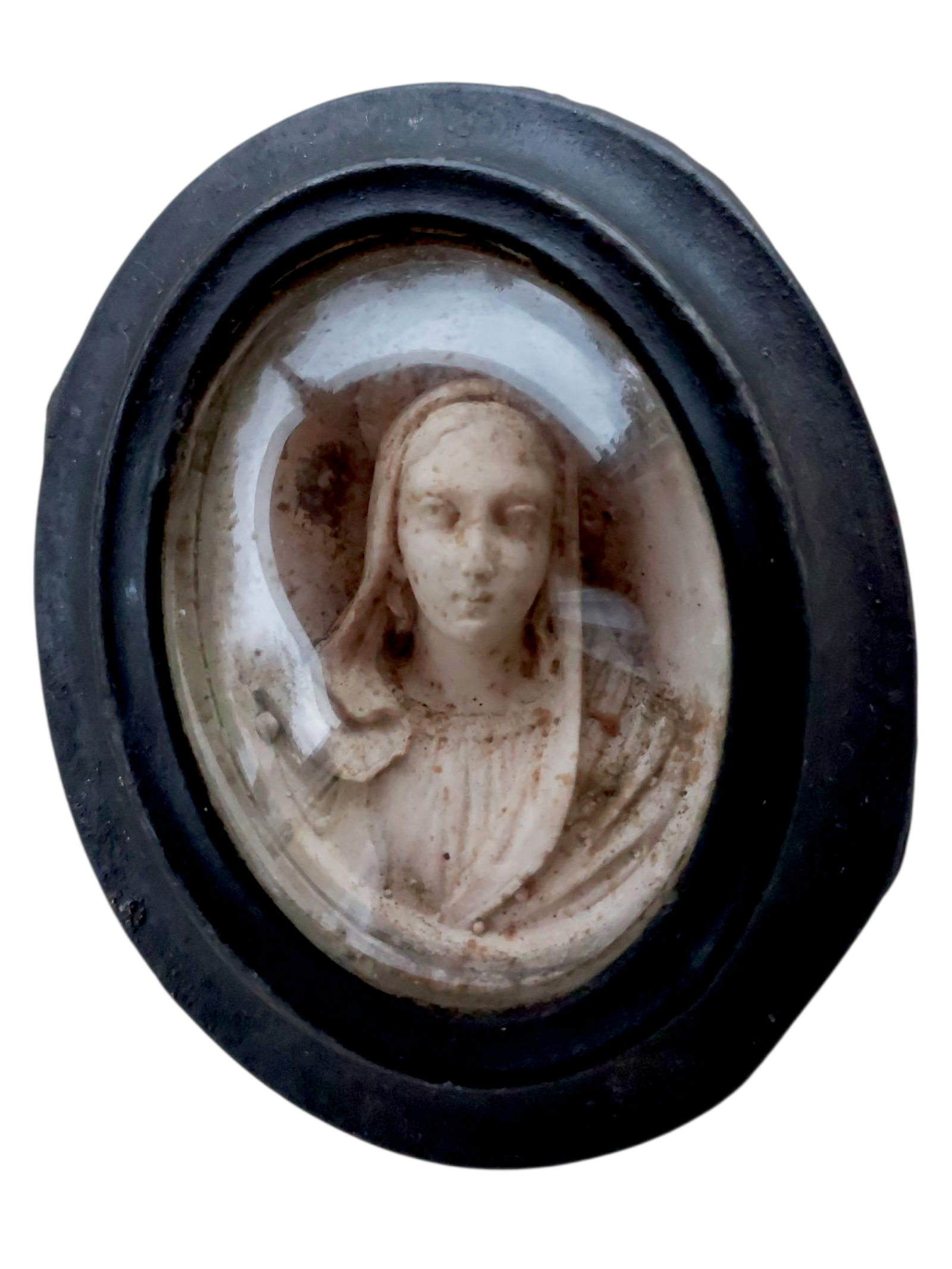 Médaillon religieux ancien XIXe siècle, Vierge Marie sous verre bombé