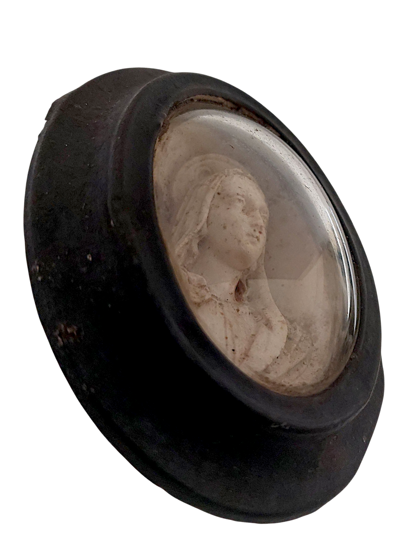 Médaillon ancien XIXe, Vierge Marie sous verre bombé, vue oblique
