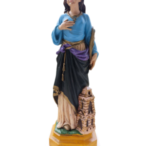 Vue frontale statue religieuse Sainte Barbe socle inscrit